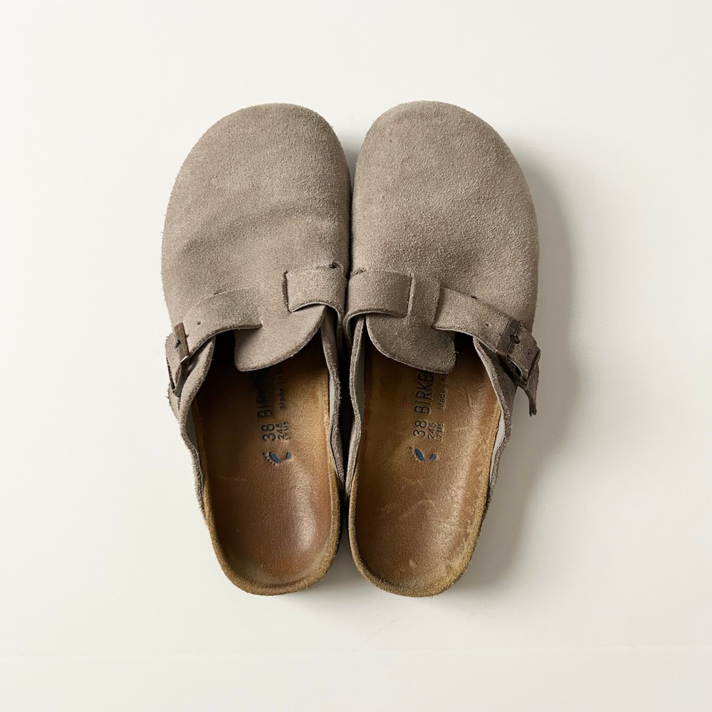 Birkenstock Boston Soft Footbed Suede Leather Taupe Clog Mules Size 38 EU 7.5 US